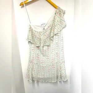BCBGeneration White Print One Shoulder Ruffle Mini Dress